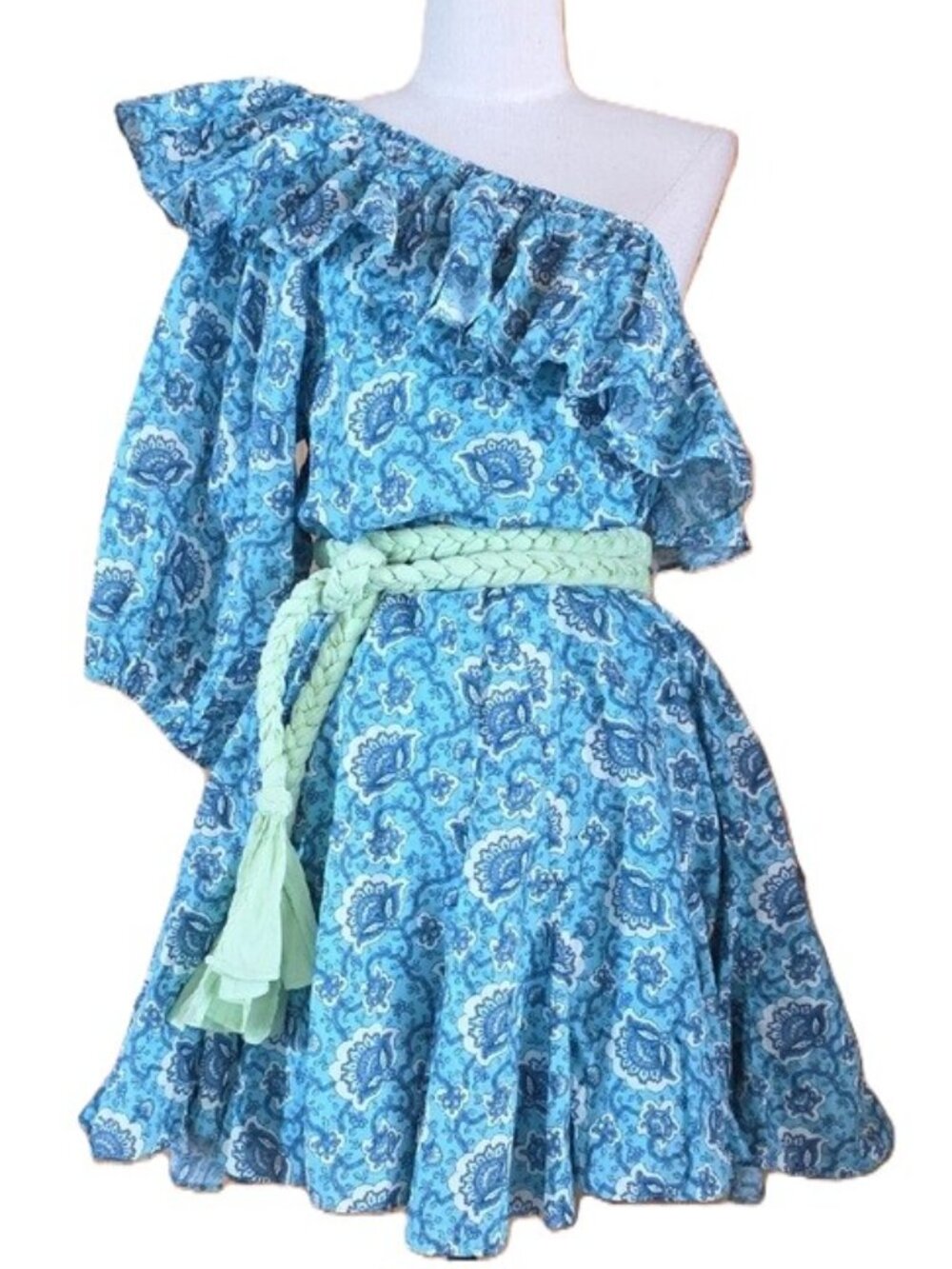 NEW $438 RHODE OZZIE ONE SHOULDER DRESS IN AQUA LOTUS PRINT #2 SIZE S